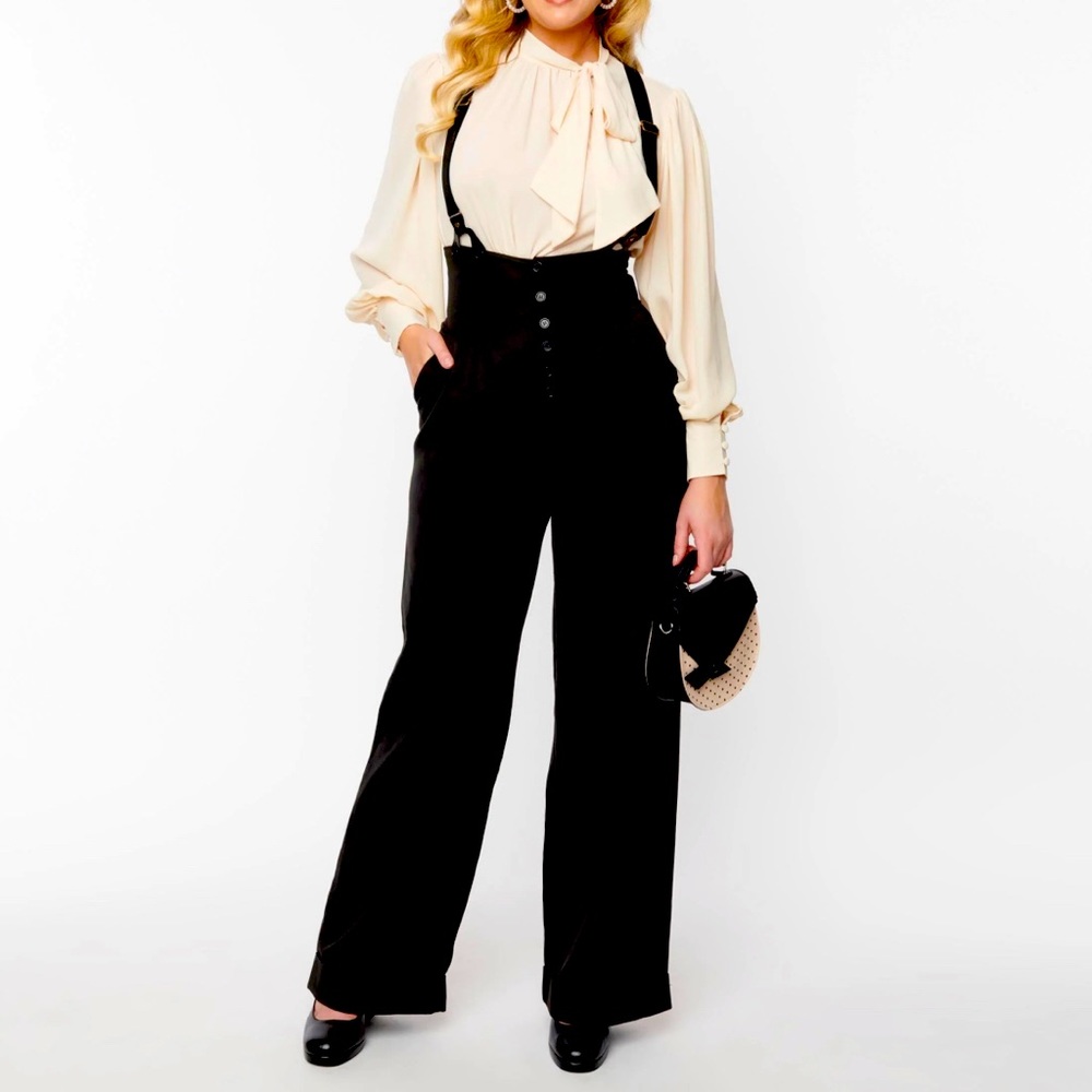Black Thelma Suspender Wide Leg High Waisted Pants